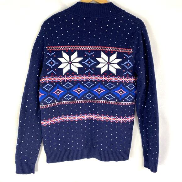 VTG Lands End Fair Isle Cardigan Sweater Women L Blue Cotton‎ Wool Blend Nordic - Picture 2 of 8